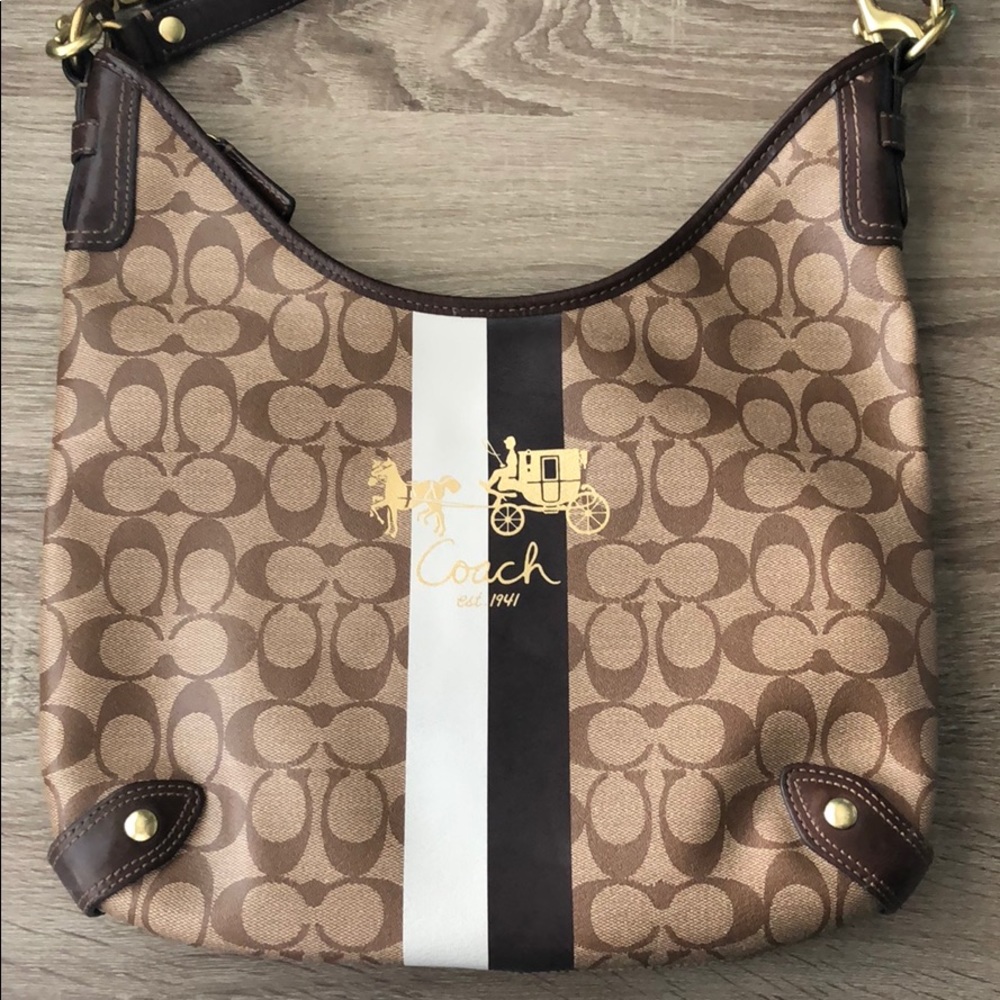 Coach Signature Brown and Cream Shoulder Bag